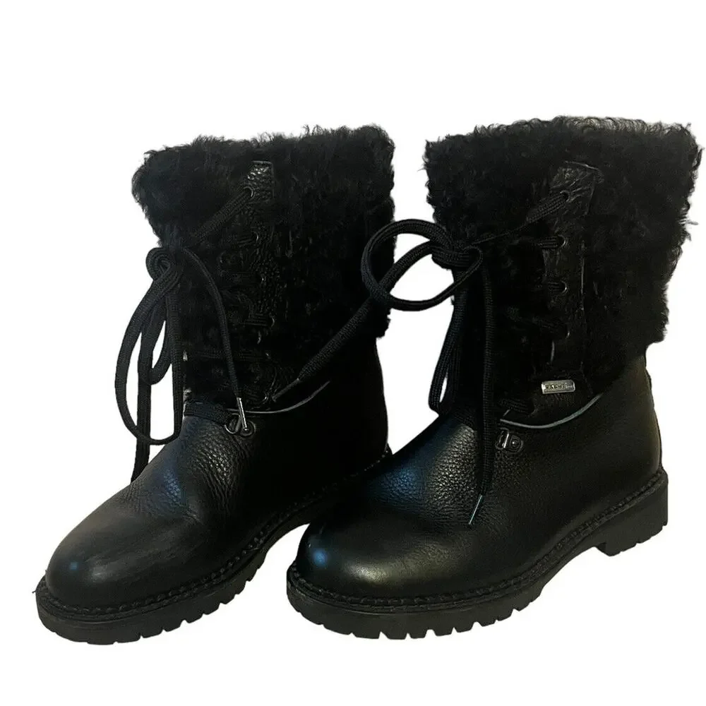 Oscar Sport •Women 37/US 6• Fur Boots Apres Ski Black Lace Up Winter Boots Italy